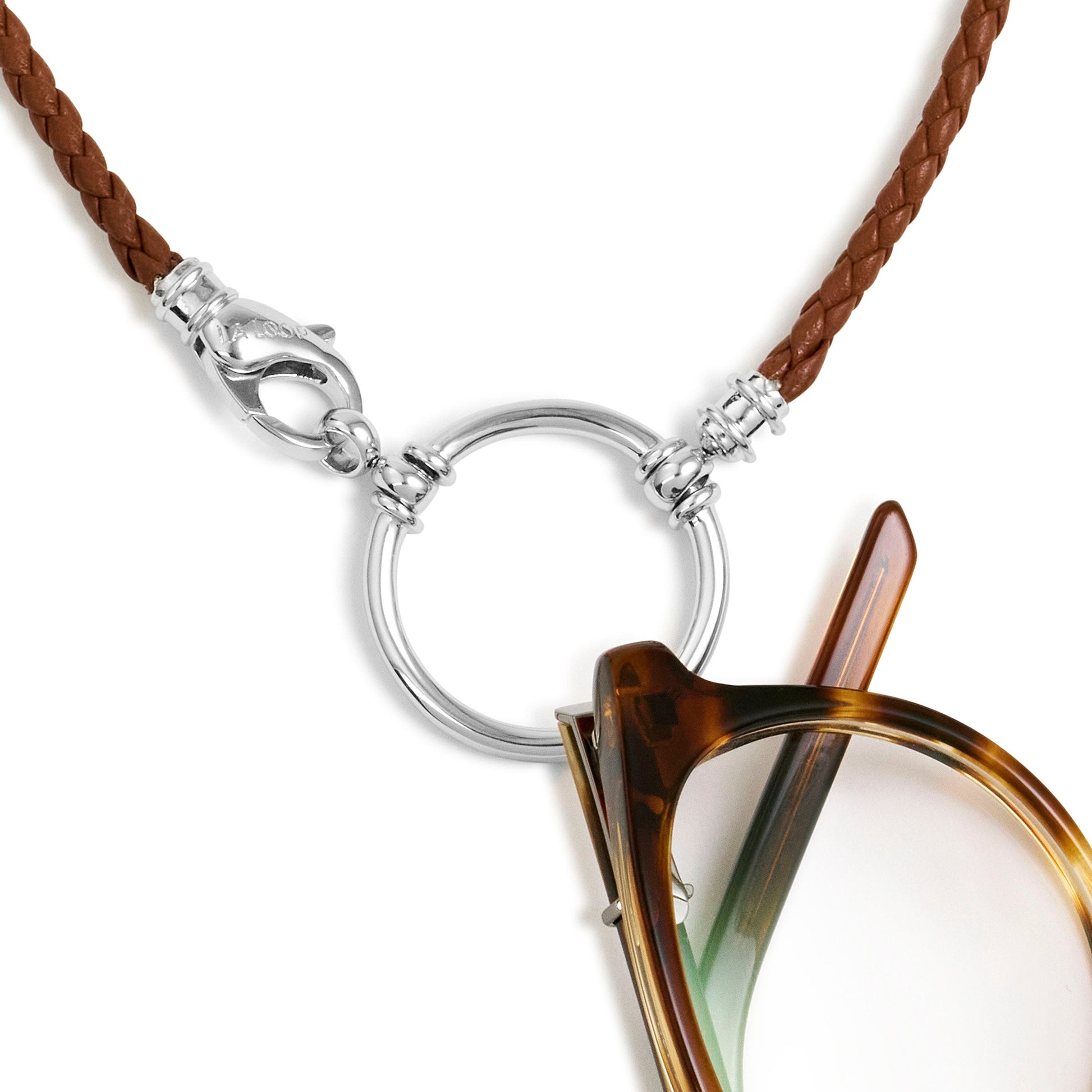The Simon Brown eyeglass necklace in brown braided leather with a silver loop, 21 inch