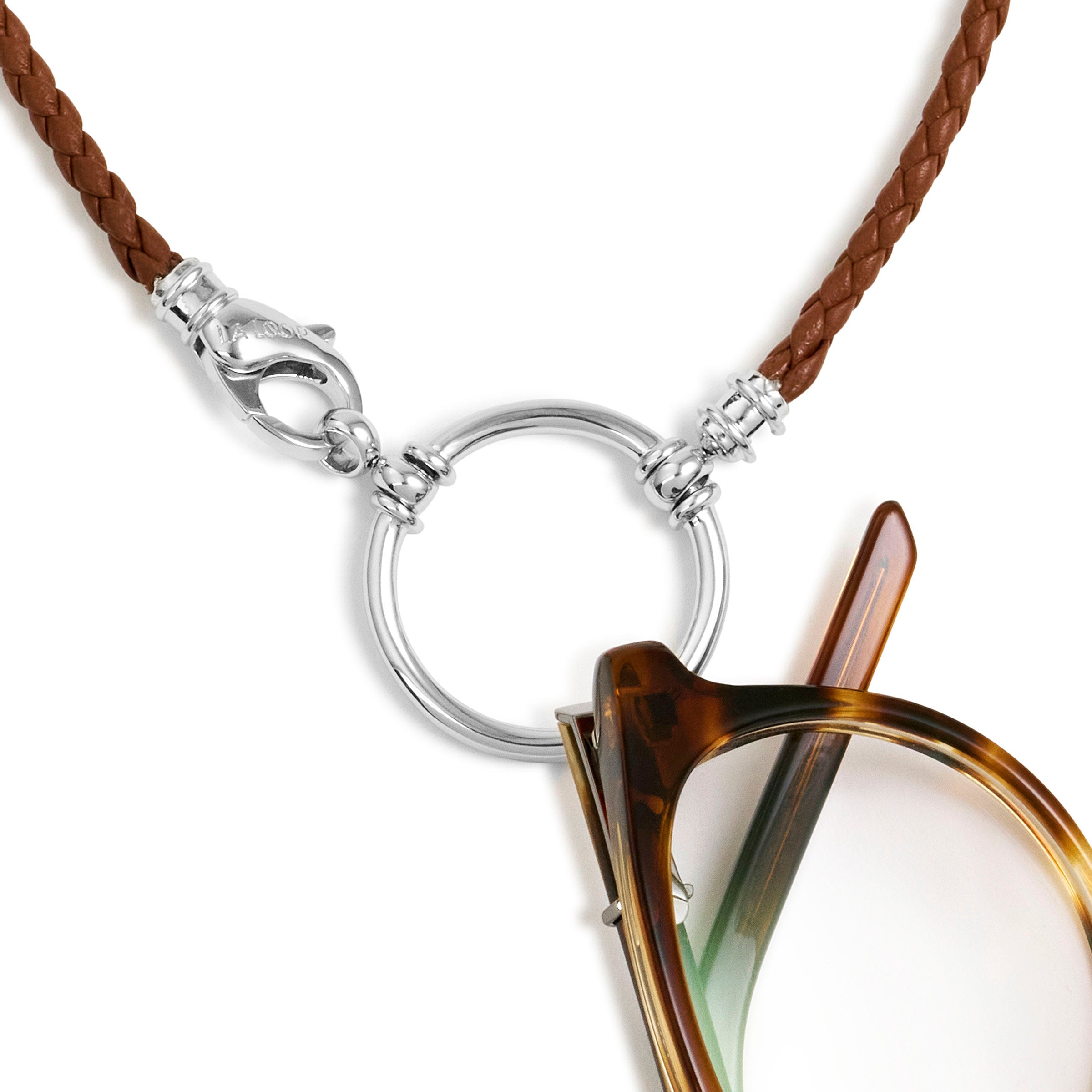 The Simon Brown eyeglass necklace in brown braided leather with a silver loop, 21 inch