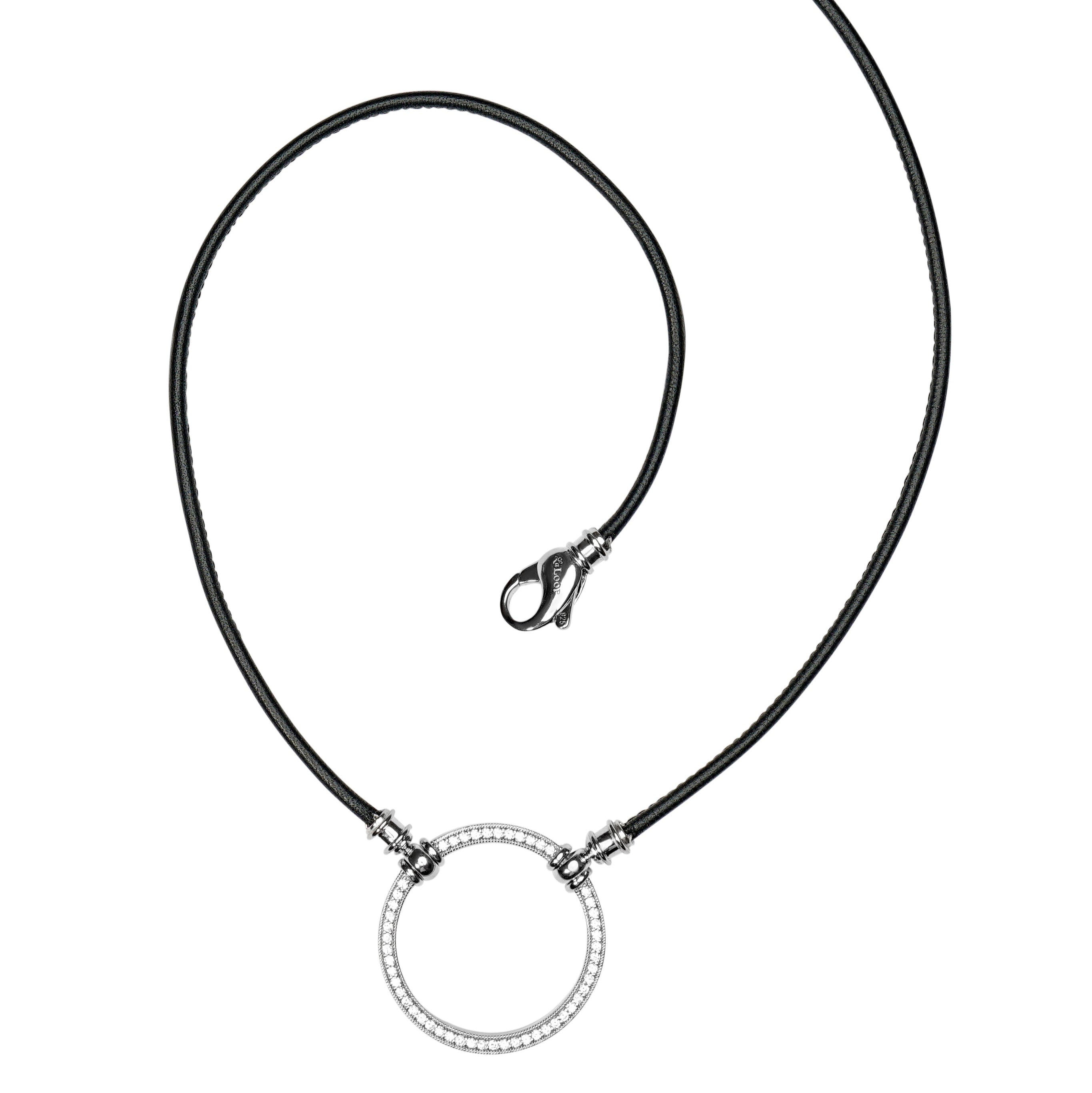 The Regine, a sterling silver and crystal loop on black Italian leather