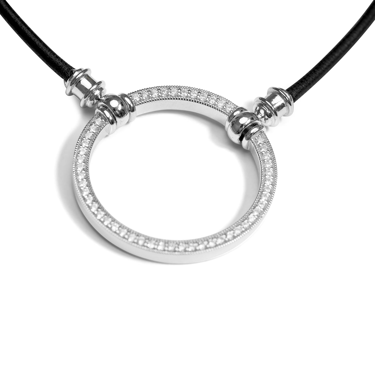 Close up of The Regine loop, sterling silver set with crystals, on black Italian leather