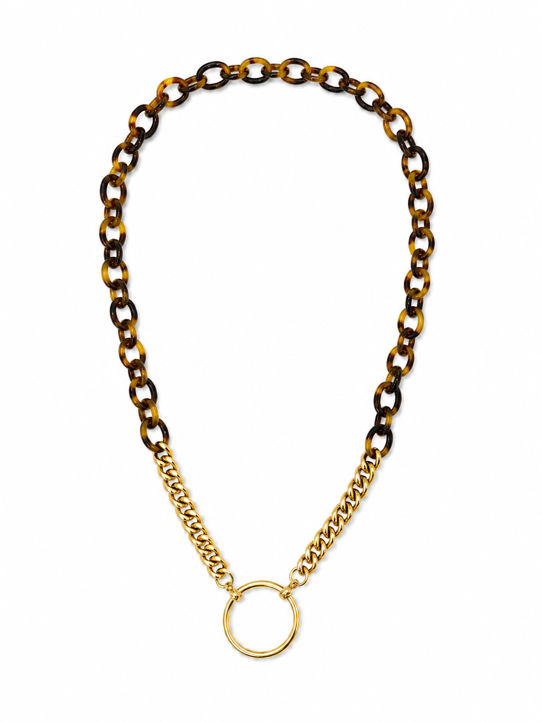 The Tonne Duet eyeglass chain: tortoise acetate links joined to a gold curb chain, with a round gold loop