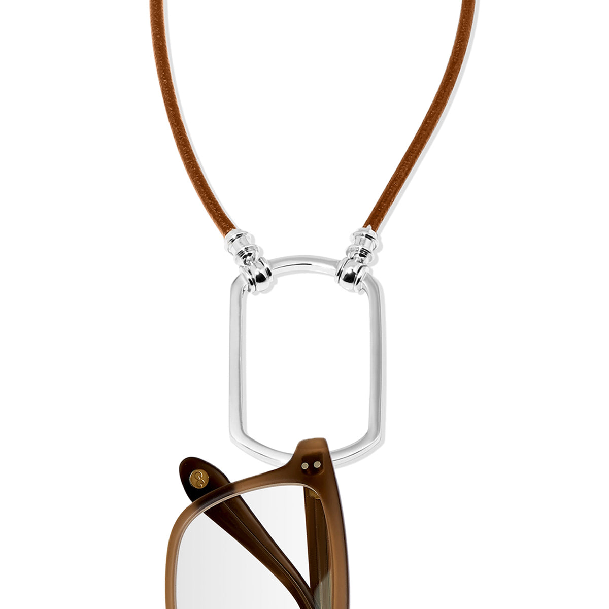 The Georgie Tag brown leather eyewear chain with silver dog tag by LA LOOP